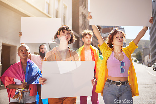 Image of Lgbt revolution, protest and people with poster walking in city street for freedom, human rights and equality. Society, justice and lgbtq community crowd with mockup billboard space for social change