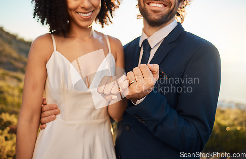 Image of Pink promise, marriage and wedding couple hands together outdoor for trust, love and care. Support, solidarity and agreement in nature at intimate celebration with bride and man feeling happy