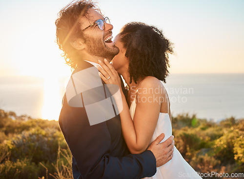 Image of Love, happy and wedding with couple in nature for celebration, happiness and romance. Sunset, hug and affectionate with man and woman in embrace at countryside for ceremony, marriage and smile