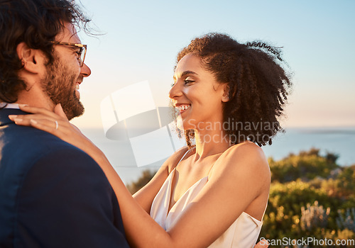 Image of Love, happy and wedding with couple in nature for celebration, happiness and romance. Sunset, hug and affectionate with man and woman in embrace at countryside for ceremony, marriage and smile