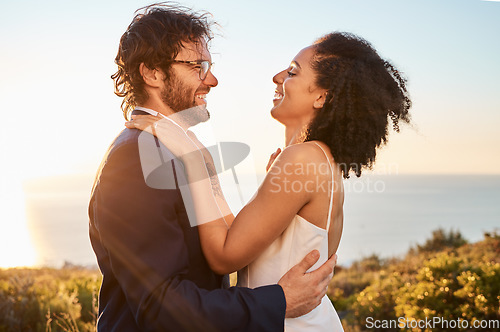 Image of Love, happy and wedding with couple in nature for celebration, happiness and romance. Sunset, hug and affectionate with man and woman in embrace at countryside for ceremony, marriage and smile