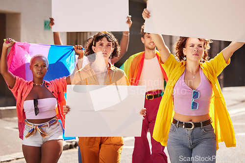 Image of Lgbt protest, billboard mockup and people walking in city street for activism, human rights and equality. Freedom, diversity and lgbtq community crowd with copy space on poster for social movement