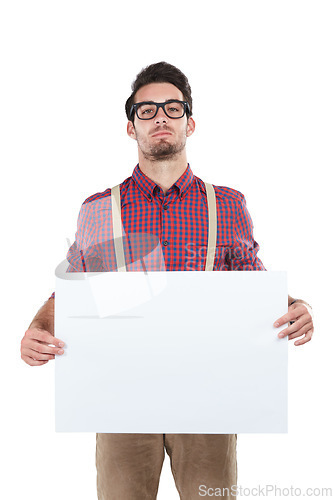 Image of Banner, man and portrait in studio with blank, advertising and space or billboard on white background. Face, paper and mock up by handsome guy with poster, marketing and confident, cool and isolated