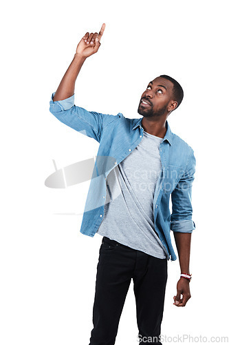 Image of Idea, mockup and pointing up with black man for question, product and deal choice. Target, solution and sales with isolated guy and hand gesture for discount, decision or planning in white background