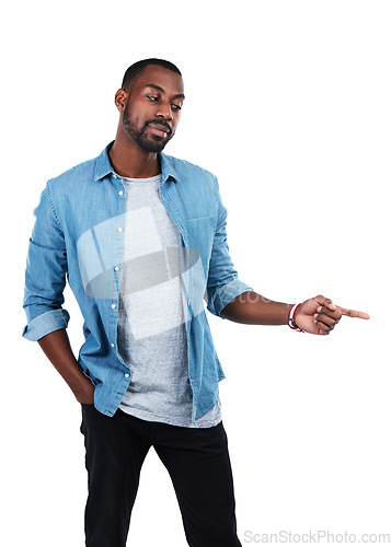 Image of Idea, mockup and pointing with portrait of black man for question, product and deal. Target, solution and sales with hand gesture of isolated guy for discount, decision and choice in white background