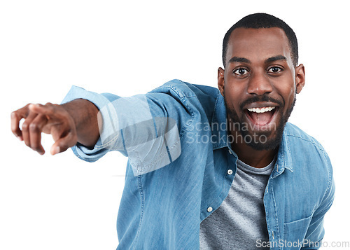 Image of Portrait, black man and pointing for decision, smile and guy isolated on white studio background. Face, Nigerian male person and gentleman with gesture for product placement, choice and wow backdrop