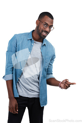 Image of Happy, mockup and pointing with portrait of black man and idea for question, product or deal choice. Promotion, smile and offer with isolated guy for goal, decision or planning in white background