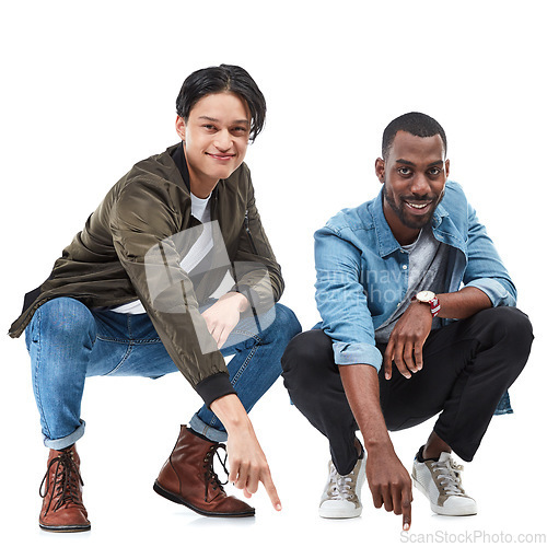 Image of Portrait, mockup and men pointing, space and product placement with guys isolated on white studio background. Face, guys and males with gesture, brand development or friends with smile or advertising