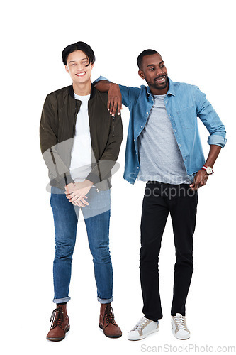 Image of Trendy men and friends portrait in studio of full body in edgy, cool and casual person fashion. Happy interracial friendship of young people together in isolated white background with smile.