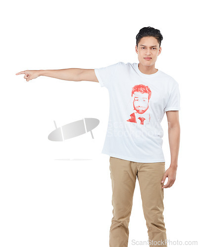 Image of Idea, mockup and pointing with portrait of asian man for question, product and deal choice. Target, solution and sales with isolated guy for discount, decision and planning in white background studio