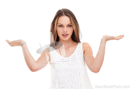 Image of What. Confused, decision and portrait of a woman with arms up isolated on a white background in a studio. Choose, question and girl with a gesture for a choice, showing and indecisive on a backdrop.