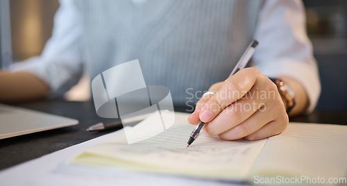 Image of Hands, book and student writing notes with pen for studying and learning in class at school. University education, college and hand of male learner write ideas, planning and information on notebook.