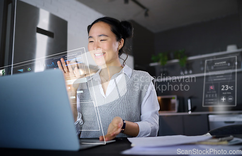 Image of Computer overlay, futuristic data and ai hologram with a asian woman working with 3d design. Digital, future and laptop infographic of a virtual reality designer employee doing a graphic analysis