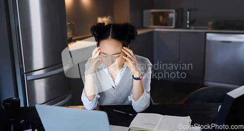 Image of Stress, headache and woman on laptop, glitch and burnout while working at night in a kitchen. Tired, entrepreneur and business fail by asian female worker frustrated with online, project and mistake