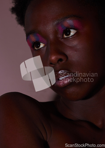 Image of Face, thinking and makeup with a model black woman in studio on a mauve background for beauty. Skincare, idea and cosmetics with an attractive young female posing indoor to promote natural care