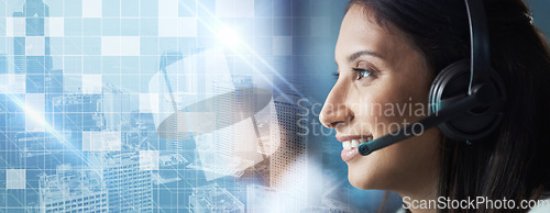 Image of Ecommerce, overlay or sales consultant in a call center job helping, talking or networking online. Graphic hologram, woman or insurance agent in communication at customer services or sales at desk