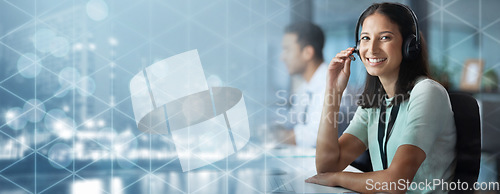 Image of Portrait, hologram or woman consulting in a call center office helping, talking or networking online. Graphic overlay, happy or insurance agent in communication at customer services or sales at desk