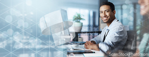 Image of Portrait, overlay or businessman typing on computer or networking online in a office building for goals or success. Mockup, digital or happy financial investor in sales smiles with pride at desk