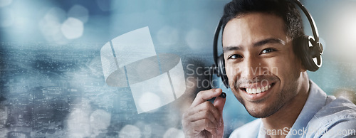 Image of Portrait, mockup or happy consultant in call center helping, talking on microphone or networking online. Crm, man or agent in communication at customer services smiles with pride at sales job success