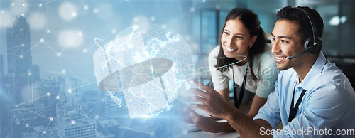 Image of Coaching, overlay or consulting team in a call center helping, talking or networking online in training. Global hologram, woman or happy agents in communication at customer services or sales support