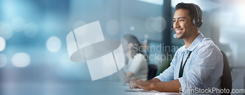 Image of Crm, mockup or consultant typing in a call center helping, talking or networking online via email. Digital, happy Asian man or insurance agent smiles in communication at customer services or sales