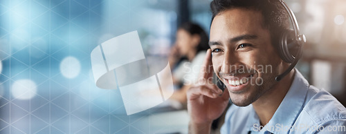 Image of Contact us, mockup or man in a call center with a happy smile helping, talking or networking online. Face, crm or insurance agent in communication or conversation at customer services or sales office