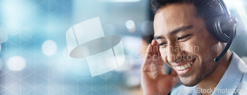 Image of Crm, mockup or telemarketing consultant in a call center helping, talking or networking online. Bokeh, happy man or insurance agent in communication or listening at customer services or at desk job