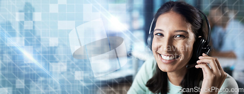 Image of Portrait, overlay or happy consultant in a call center helping, talking or networking online at office desk. Graphic hologram, woman or insurance agent in communication at customer services or sales