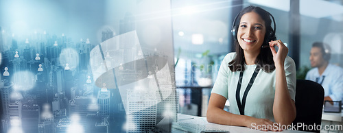 Image of Crm, overlay or woman in a telemarketing call center helping, talking or networking online at desk. City hologram, portrait or happy insurance agent in communication at customer services or sales job