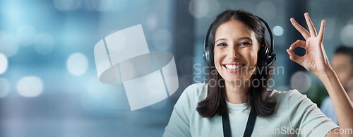 Image of Portrait, mockup or happy consultant in a call center helping, talking or networking online with success. Ok hand gesture, woman or insurance agent in communication at customer services or sales job
