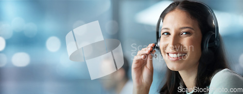 Image of Portrait, mockup or woman in a call center for communication, talking or networking online. Bokeh, crm or happy insurance agent helping client in a conversation at customer services or sales support