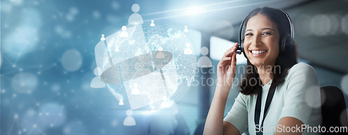 Image of Portrait, overlay or telemarketing agent in a call center helping, talking or networking online. Crm, happy woman or consultant in communication at customer services or sales job on Hologram mockup