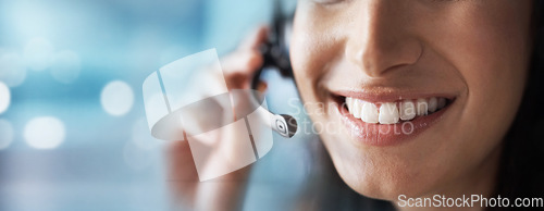 Image of Microphone, mockup or happy consultant in call center helping, talking or networking online. Mouth zoom, woman or insurance agent in communication smiles with pride at customer services or sales job