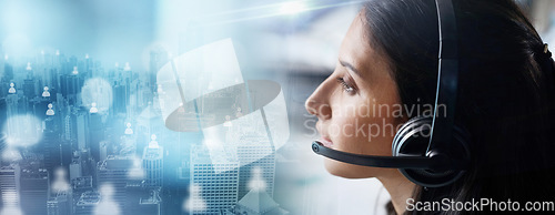 Image of Crm, overlay or telemarketing consultant in a call center helping, talking or networking online. Digital graphic hologram, woman or insurance agent in communication at customer services or sales job