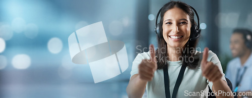 Image of Success, mockup or consultant with thumbs up in call center helping, talking or networking online. Portrait, happy woman or insurance agent in communication at customer services with like or ok sign
