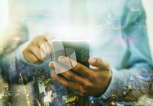 Image of Hands, phone and overlay of business man texting, web scrolling or internet browsing. Technology, city double exposure and male employee networking, research or social media on 5g smartphone at night
