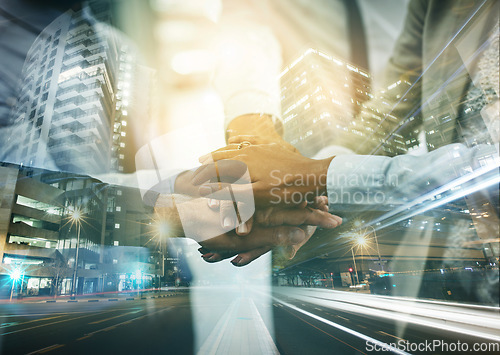 Image of Teamwork, collaboration and overlay of business people with hands together for unity, solidarity and team building. City road, double exposure and group of employees huddle for support or motivation.