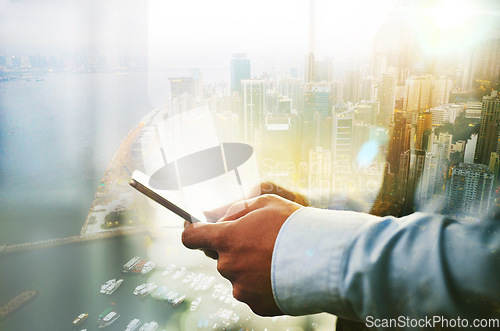 Image of Phone, overlay and hands of business man texting, web scrolling or internet browsing. Technology, city double exposure and male employee networking, research or social media on 5g mobile smartphone.