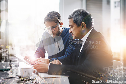 Image of Teamwork, office and overlay of business people with tablet for research, planning and brainstorming ideas. Technology, city double exposure and collaboration of employees with digital touchscreen.