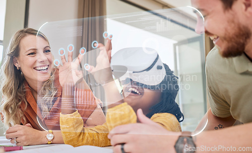 Image of VR, education and family learning with a screen, metaverse studying and 3d homework. Creative, innovation and interracial mother, father and child helping with technology for knowledge together