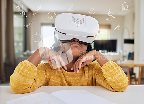 Image of Vr, metaverse and child with headset in virtual class for elearning, gaming or video streaming online. Futuristic education, entertainment and innovation in ux technology for children in home school.