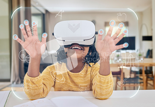 Image of Vr, education and child in headset elearning in virtual class in metaverse, gaming or video streaming. Futuristic learning, cyber classroom and innovation in technology for children with icon overlay