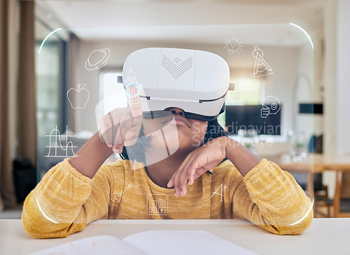 Image of Augmented reality, education and child with headset for test in virtual class in metaverse online. Futuristic elearning, vr and innovation in technology for children in home school with icon overlay.