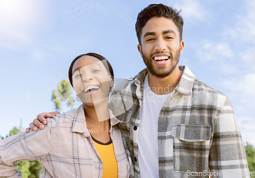 Image of Happy couple, smile and hug for summer vacation, travel or holiday break together outdoors. Portrait of man and woman hugging, smiling and enjoying traveling, trip or getaway in nature with happiness