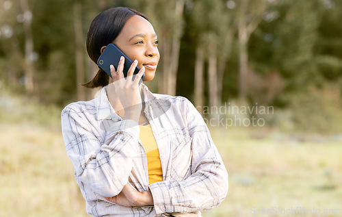 Image of African woman, forest and phone call for talk, question or thinking for interest, focus or idea on grass in summer. Adventure, smartphone conversation or holiday for girl in sunshine, woods and trees