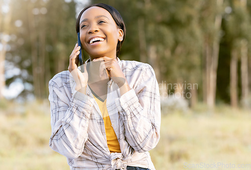 Image of Outdoor, phone call and black woman with smile, forest and connection with journey, adventure and hiking. African American female, lady and hiker with cellphone, nature or conversation with happiness