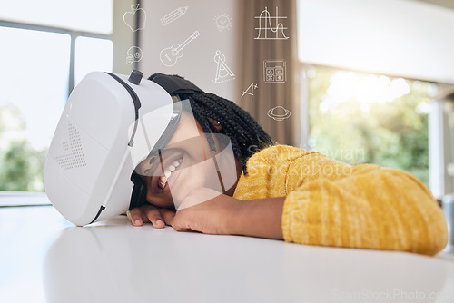 Image of Education, metaverse and child with vr headset in augmented reality for virtual class in elearning and icon overlay. Future, smile and innovation in futuristic technology for children in homeschool.