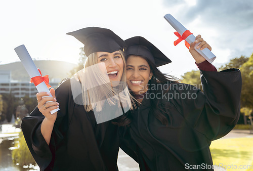 Image of Certificate, friends and graduation portrait of women hug together at college celebration. Diploma success, happiness and excited people with school, education and university student achievement