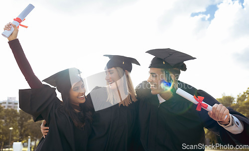 Image of Graduation, friends and celebration with certificate, diploma and education success at outdoor college event. Happy people, graduate group and smile of university goals, award and motivation to study