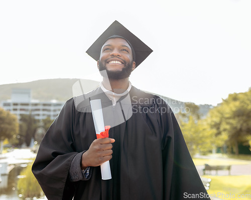 Image of Graduation, black man and thinking of success, achievement and goals at outdoor college event. Graduate, education award and smile for happy future, dream and motivation of learning, hope and pride